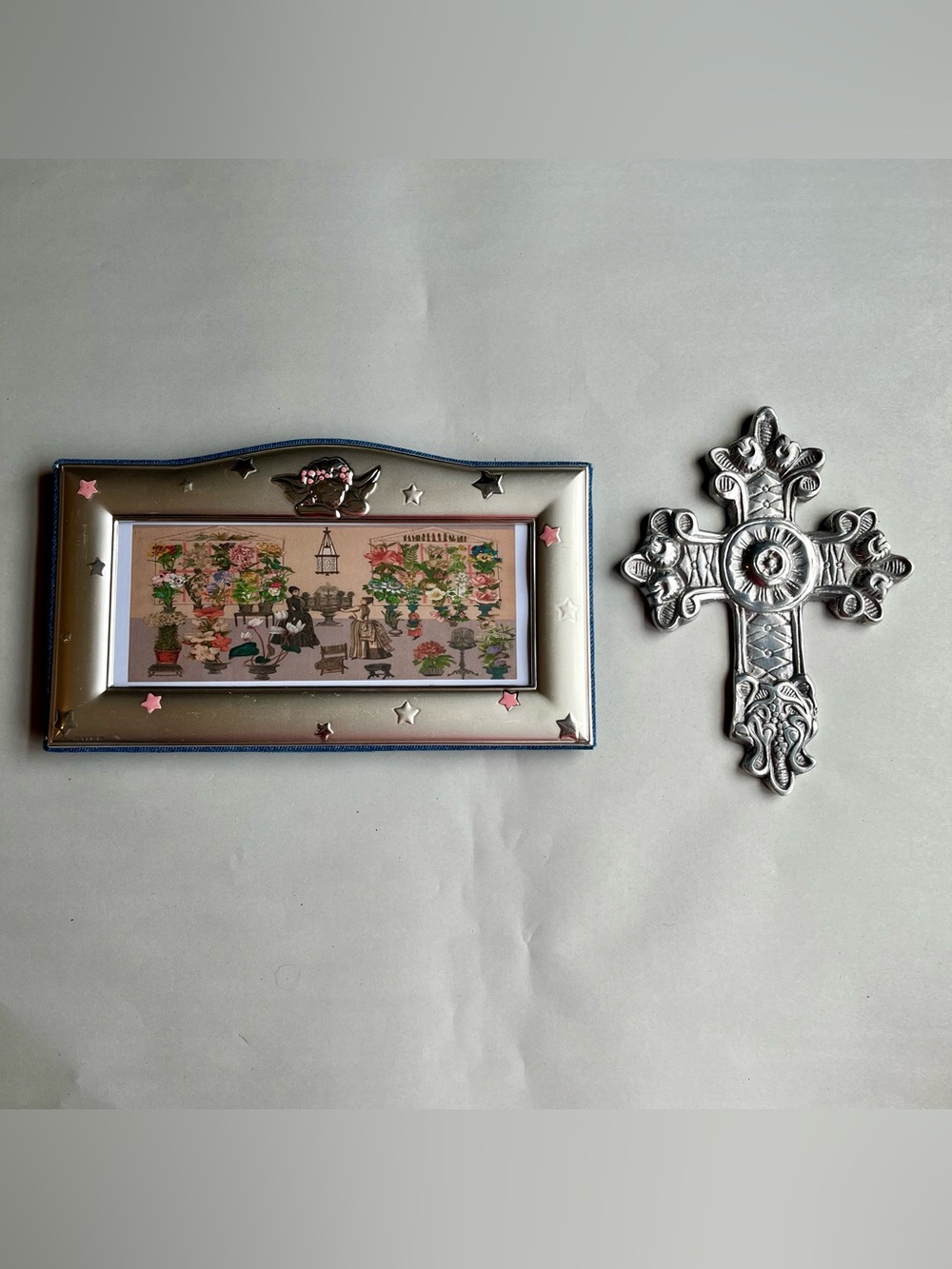 Vintage Silvertone Frame & Pewter Wall Cross Crucifix Cottagecore - Bundle of 2